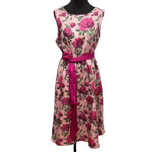 SHEIN Pink and Green Sleeveless Midi Dress. Floral Roses Feminine Party